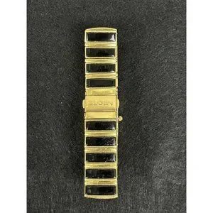 Elgin Vintage Rhinestone Bezel Band Gold Black Tone Watch New Battery 7.5\
